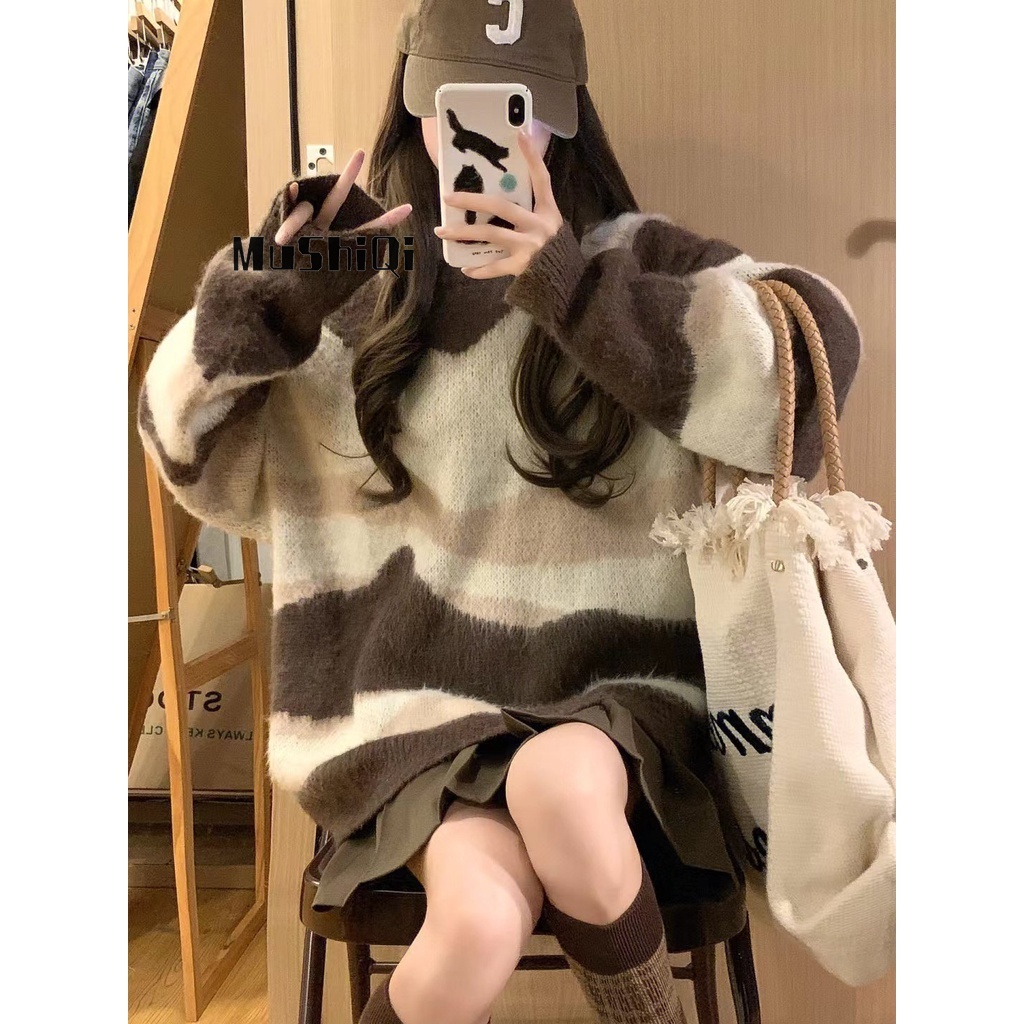 Mushiqi Áo sweater Dệt Kim Dáng Rộng Phối Màu Tương Phản Thời Trang Cho Nữ