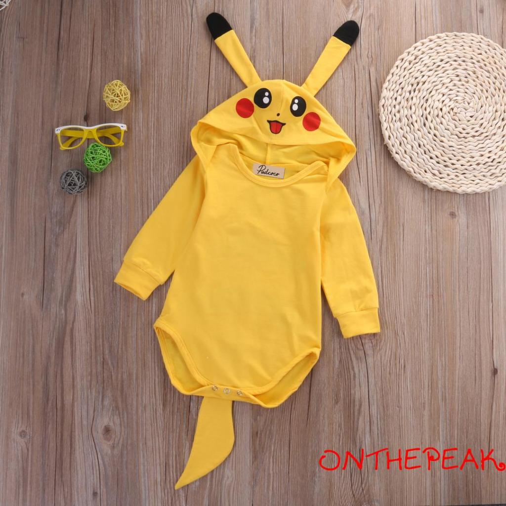 Ont-bộ Áo Liền Quần Liền Thân Tay Dài Có Mũ Trùm Hình pikachu Hoạt Hình Giản Dị Cho Bé Sơ Sinh