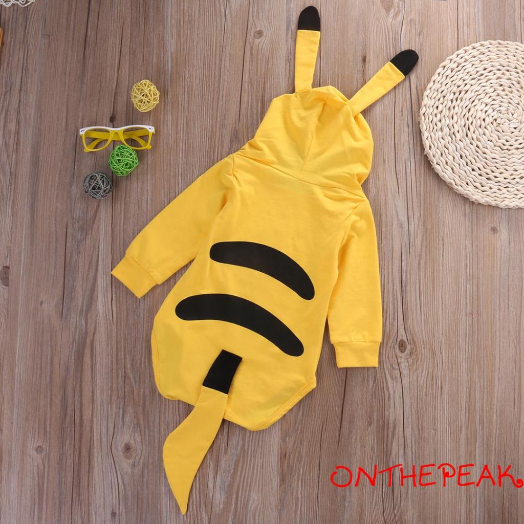 Ont-bộ Áo Liền Quần Liền Thân Tay Dài Có Mũ Trùm Hình pikachu Hoạt Hình Giản Dị Cho Bé Sơ Sinh
