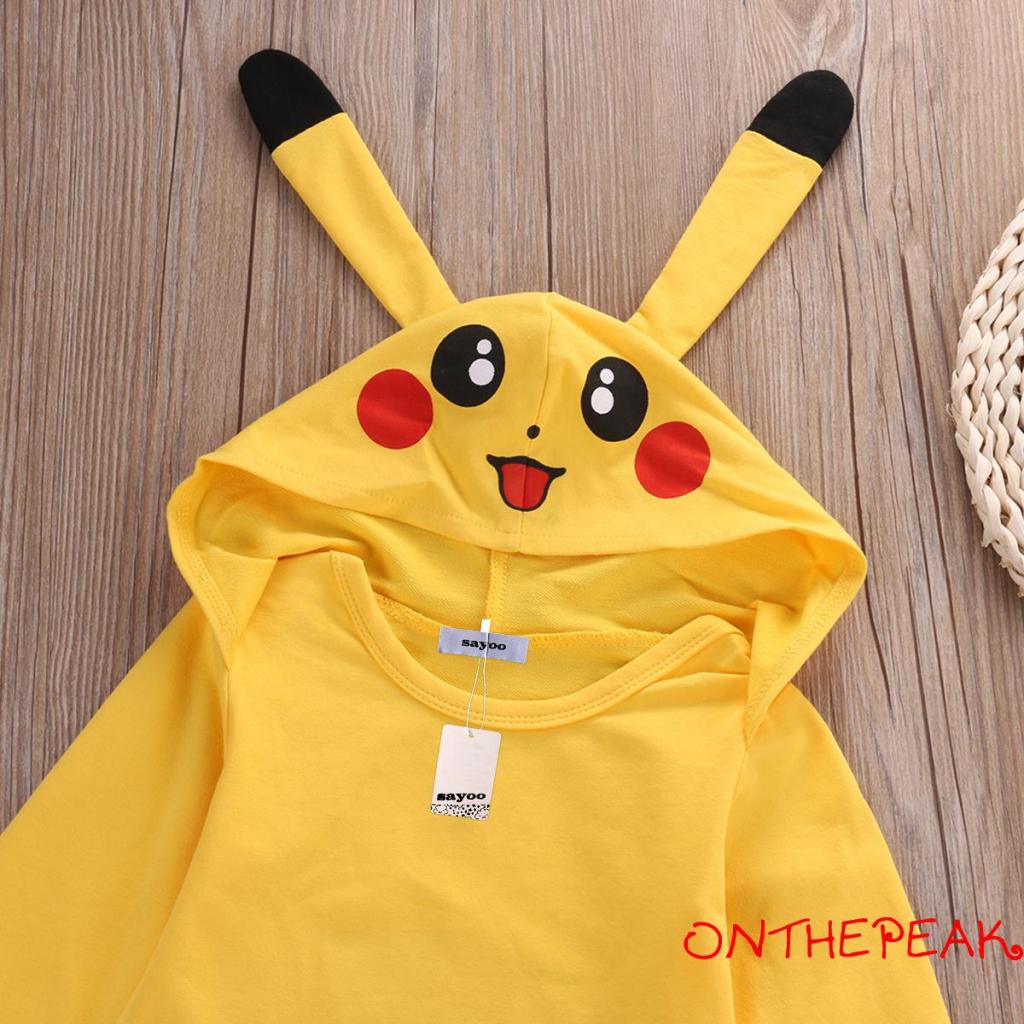 Ont-bộ Áo Liền Quần Liền Thân Tay Dài Có Mũ Trùm Hình pikachu Hoạt Hình Giản Dị Cho Bé Sơ Sinh