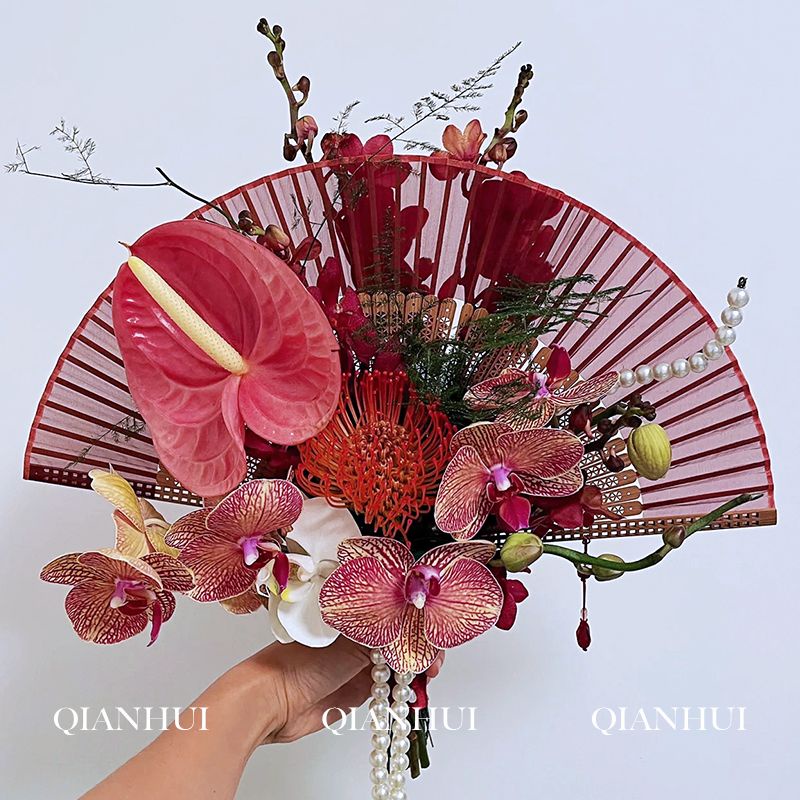 Quạt Xếp Cầm Tay Đính Nơ Phong Cách Trung Hoa Mới Cho Đám Cưới