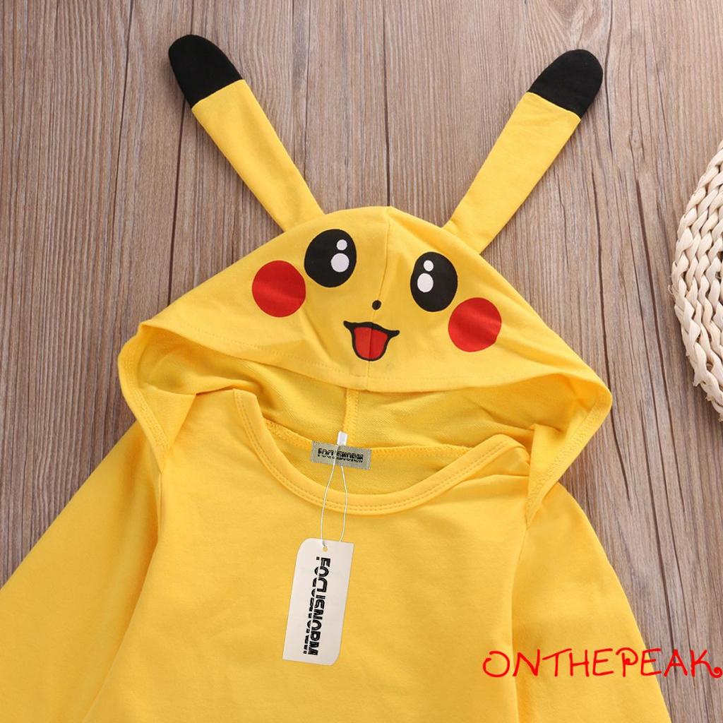 Ont-bộ Áo Liền Quần Liền Thân Tay Dài Có Mũ Trùm Hình pikachu Hoạt Hình Giản Dị Cho Bé Sơ Sinh