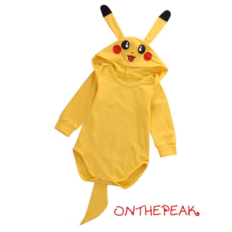 Ont-bộ Áo Liền Quần Liền Thân Tay Dài Có Mũ Trùm Hình pikachu Hoạt Hình Giản Dị Cho Bé Sơ Sinh