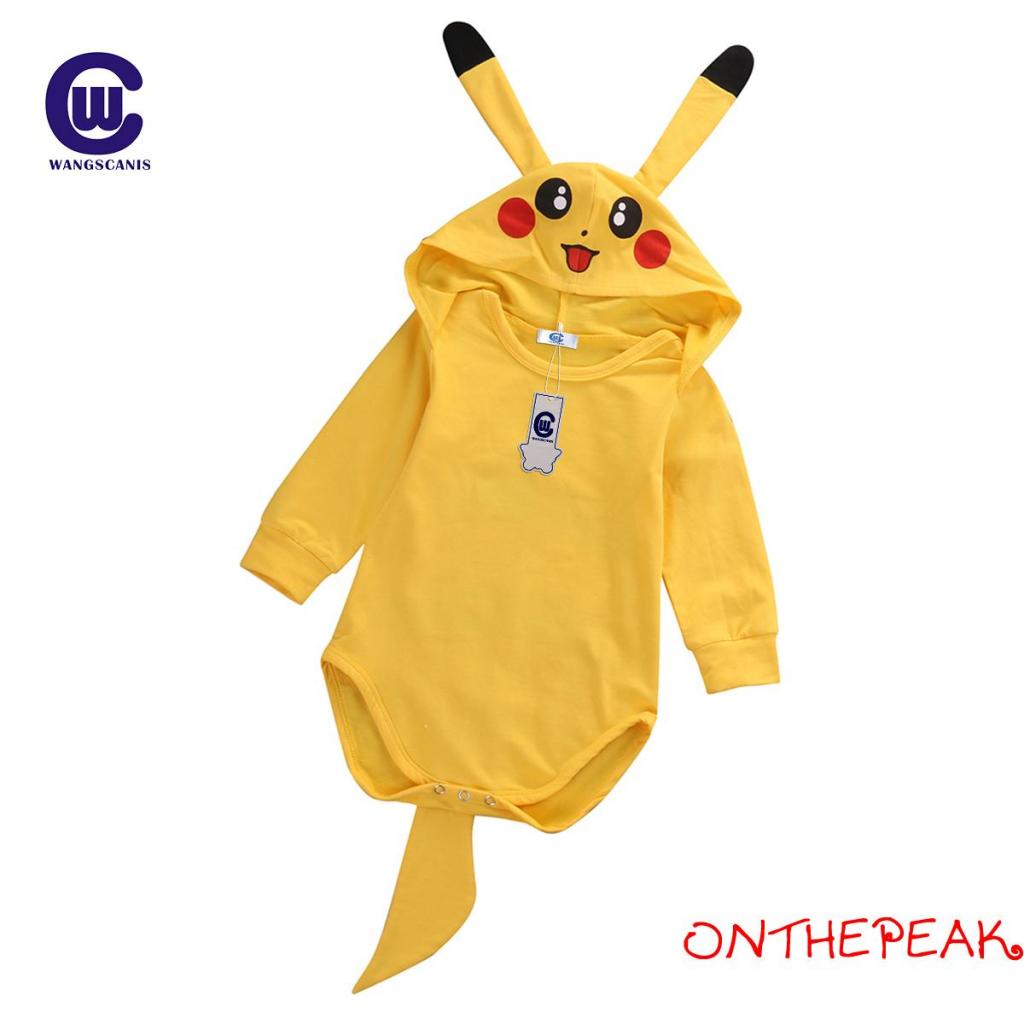 Ont-bộ Áo Liền Quần Liền Thân Tay Dài Có Mũ Trùm Hình pikachu Hoạt Hình Giản Dị Cho Bé Sơ Sinh