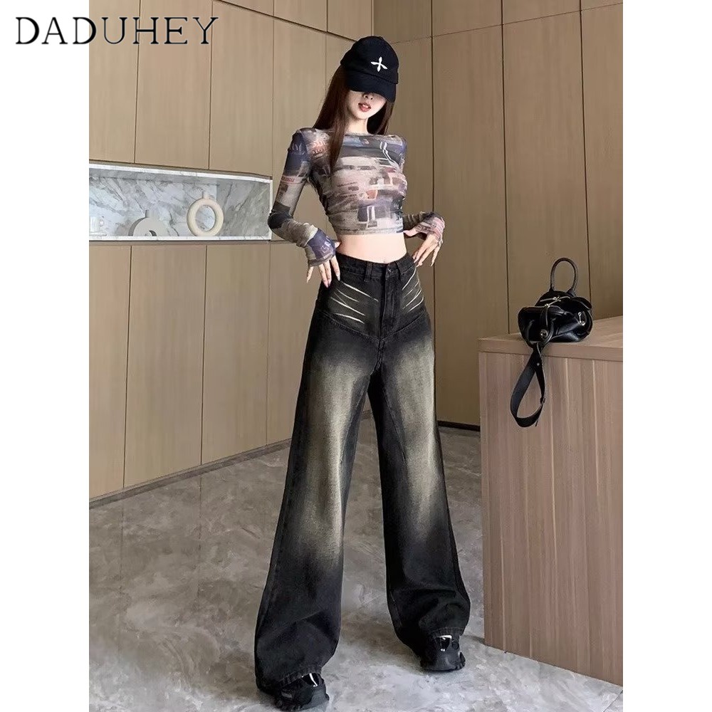 DaDuHey New American Ins High Street Retro Washed Jeans Niche High Waist Loose Wide Leg Pants Trousers
