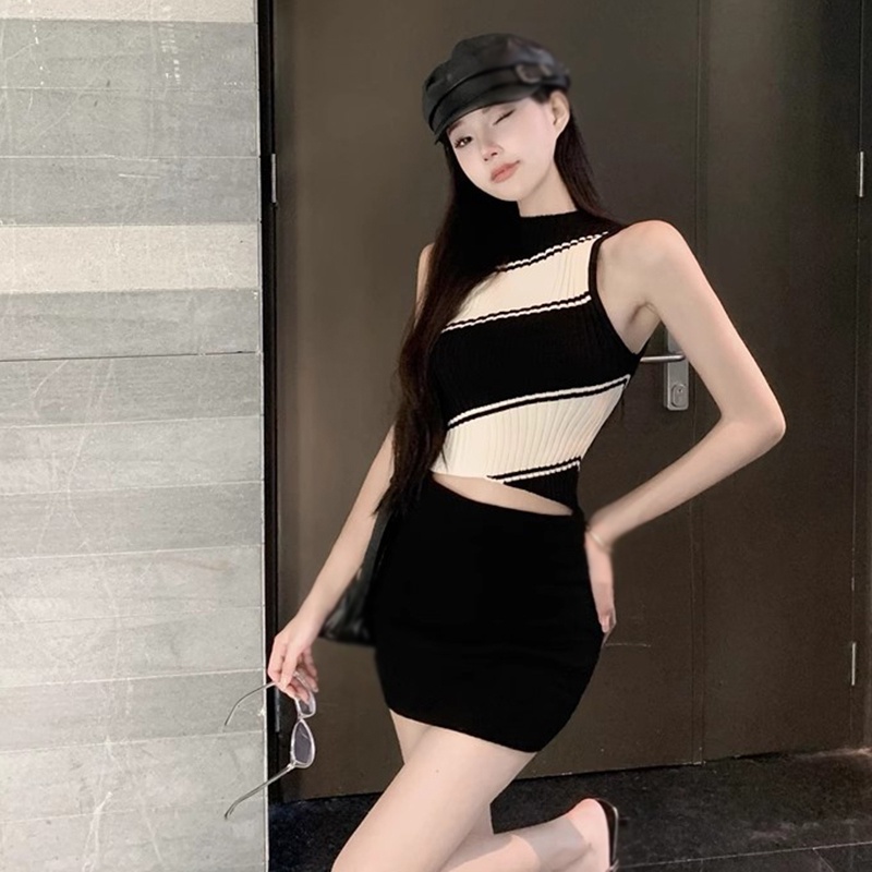 Áo Croptop Không Tay Kẻ Sọc Màu Tương Phản Thời Trang Mùa Hè Hàn Quốc Cho Nữ