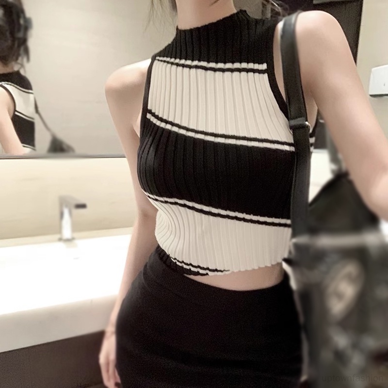 Áo Croptop Không Tay Kẻ Sọc Màu Tương Phản Thời Trang Mùa Hè Hàn Quốc Cho Nữ