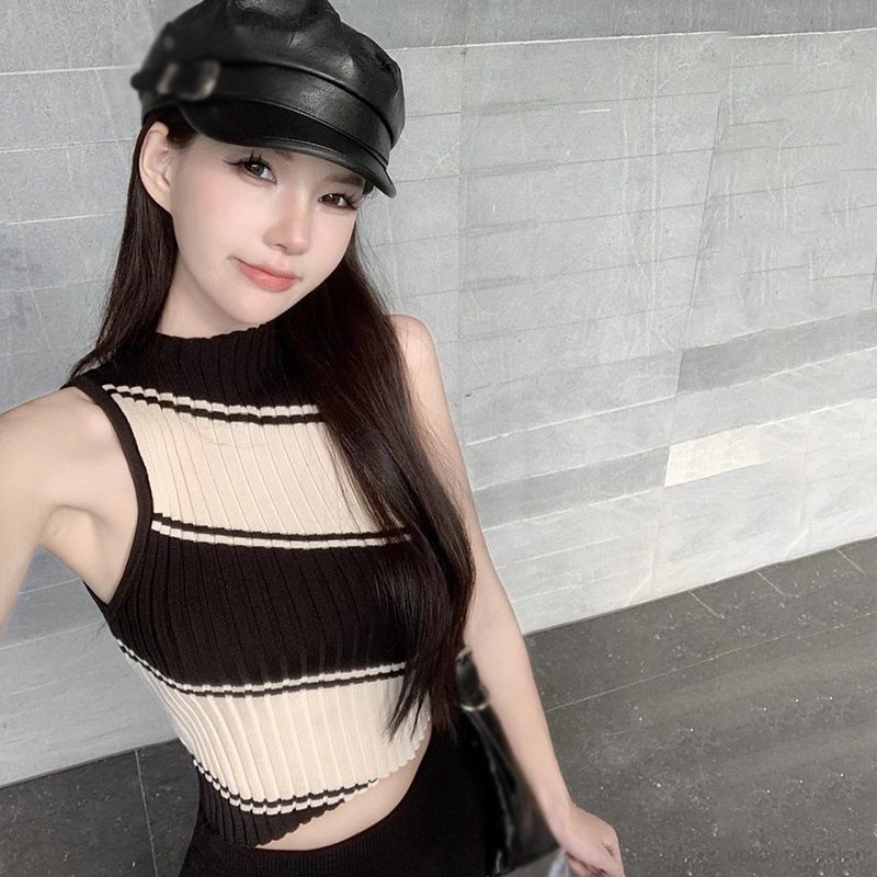 Áo Croptop Không Tay Kẻ Sọc Màu Tương Phản Thời Trang Mùa Hè Hàn Quốc Cho Nữ