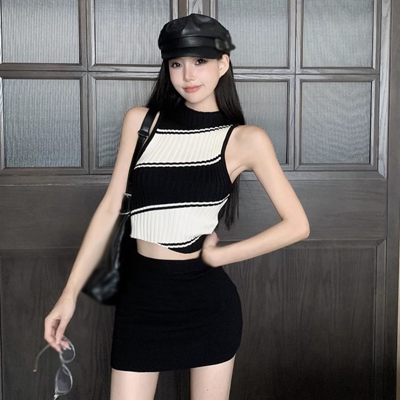 Áo Croptop Không Tay Kẻ Sọc Màu Tương Phản Thời Trang Mùa Hè Hàn Quốc Cho Nữ