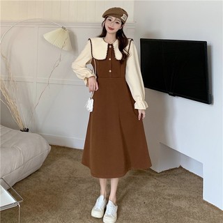 Kii Wii Đầm Midi Tay Dài Cổ Búp Bê Ghép Nối Mảnh Tương Phản Cổ Điển Mùa Thu Kiểu Mới Cho Nữ