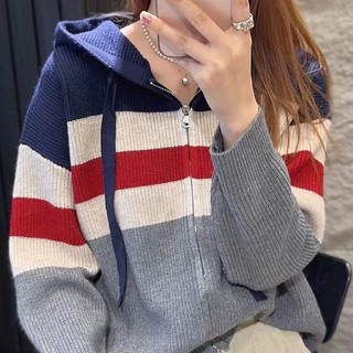 Áo Khoác cardigan Có Nón Phối Hai Khóa Kéo Dáng Rộng Phong Cách Mới Mùa Thu 2023