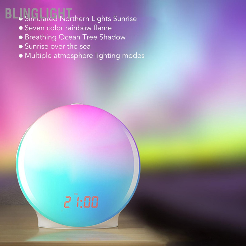 Blinglight Đồng hồ báo thức bình minh Ánh sáng đầy màu sắc Báo động kép Đài FM Đánh mô phỏng mặt trời mọc cho người ngủ nặng Phòng Món quà lý tưởng