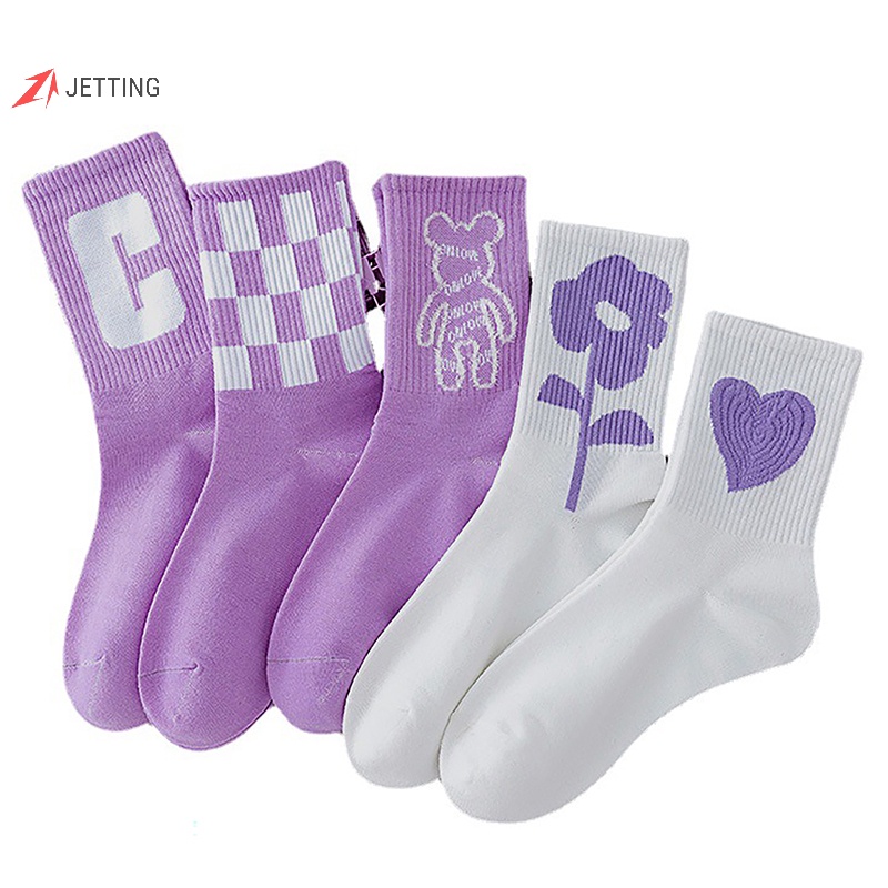 Vớ Thể Thao cotton Màu Tím In Họa Tiết Trái Tim Chữ Cái Và Chú Gấu Thời Trang Thu Đông Cho Nữ