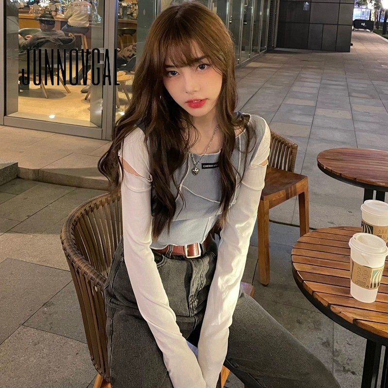 Junnovgal Áo Thun cotton Ngắn Hở Vai Họa Tiết Kẻ Sọc Thời Trang Mới 2023 Dành Cho Bạn Nữ