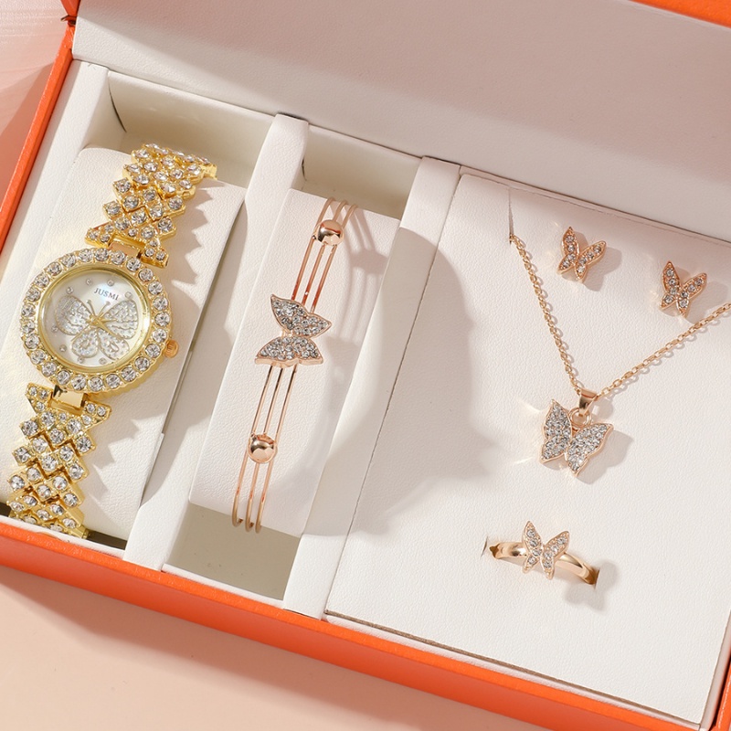 Set 5 Món Đồng Hồ / Vòng Tay / Nhẫn / Đồng Hồ Bằng Thép Không Gỉ Đính Đá Thời Trang
