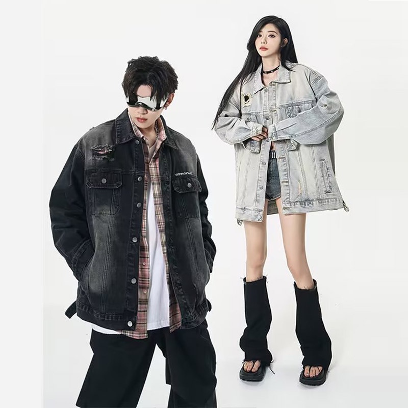 Áo Khoác denim Họa Tiết Thêu Màu gradient Phong Cách Hàn Quốc Thời Trang Cho Nam