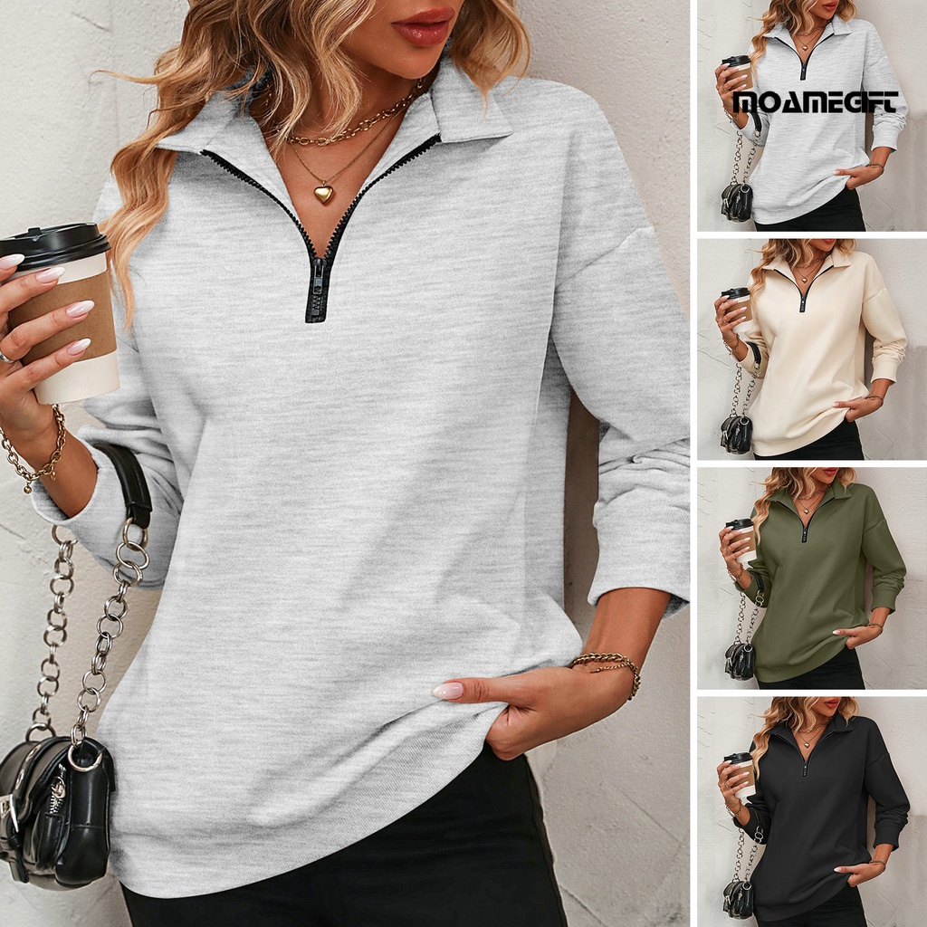 Áo sweatshirt Chui Đầu Dáng Rộng Tay Dài Cổ Bẻ Màu Trơn Có Khóa Kéo Thời Trang Thu Đông Dành Cho Bạn Nữ Tuổi teen