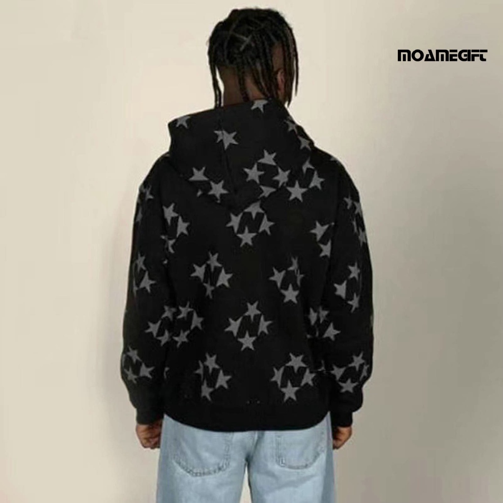 Áo Khoác hoodie Tay Dài Dáng Rộng Co Giãn In Hình Ngôi Sao Có Túi Khóa Kéo Phong Cách hip hop Đường Phố Mùa Đông Cho Cặp Đôi