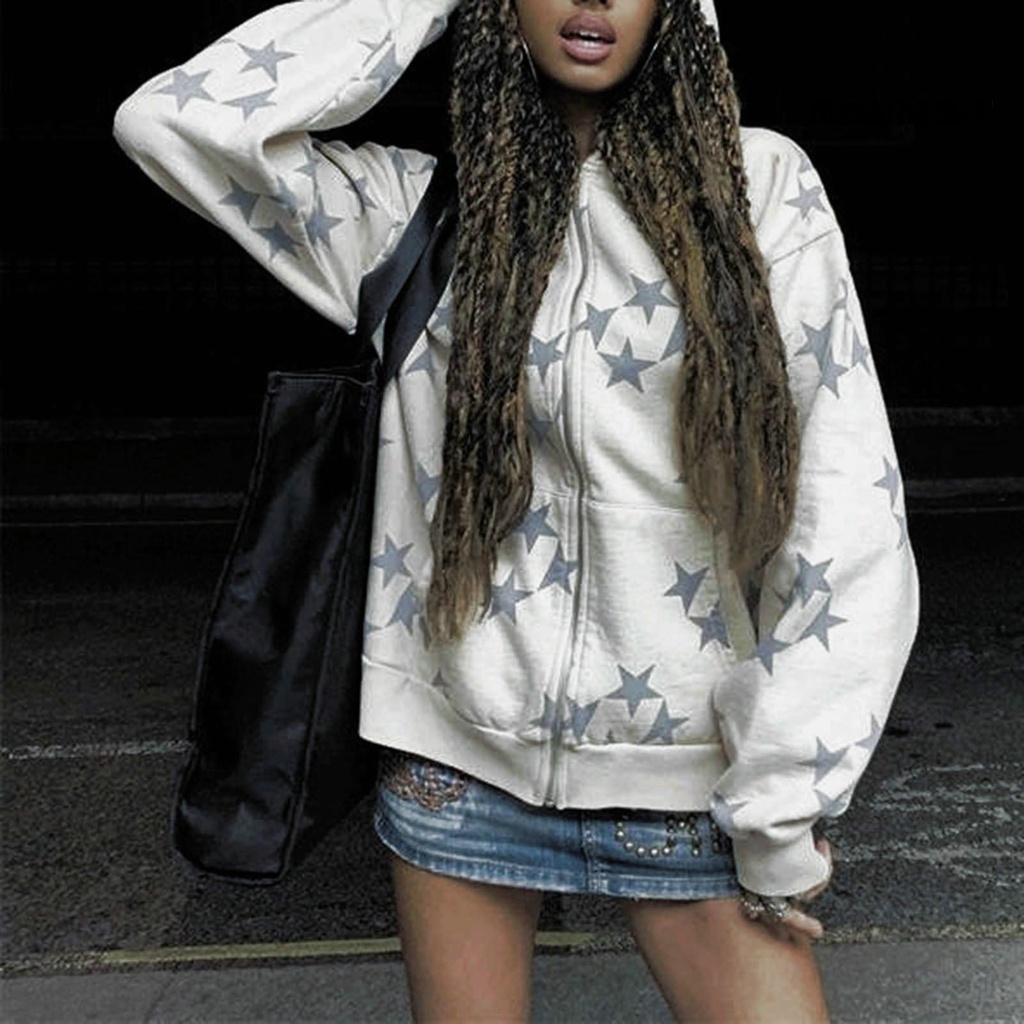 Áo Khoác hoodie Tay Dài Dáng Rộng Co Giãn In Hình Ngôi Sao Có Túi Khóa Kéo Phong Cách hip hop Đường Phố Mùa Đông Cho Cặp Đôi