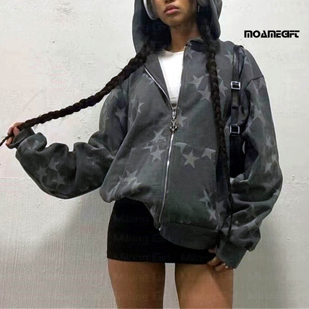 Áo Khoác hoodie Tay Dài Dáng Rộng Co Giãn In Hình Ngôi Sao Có Túi Khóa Kéo Phong Cách hip hop Đường Phố Mùa Đông Cho Cặp Đôi