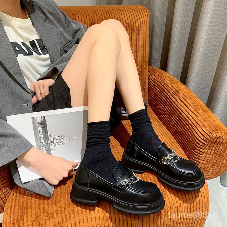 Giày mary jane 2023 Gót Vừa Mũi Tròn Chất Liệu Cao Su pu Dày Dặn 3-5cm