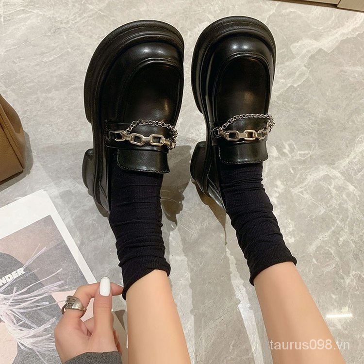 Giày mary jane 2023 Gót Vừa Mũi Tròn Chất Liệu Cao Su pu Dày Dặn 3-5cm