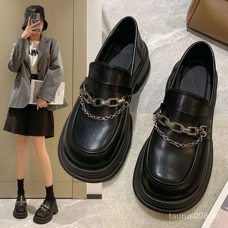 Giày mary jane 2023 Gót Vừa Mũi Tròn Chất Liệu Cao Su pu Dày Dặn 3-5cm