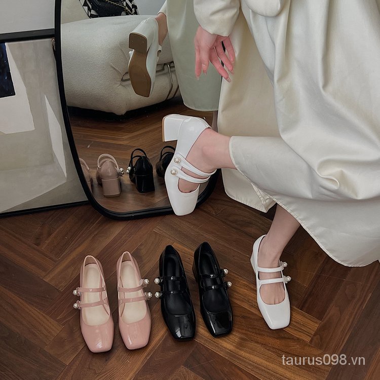 Giày Da pu Gót Thấp Mũi Vuông mary jane 2023