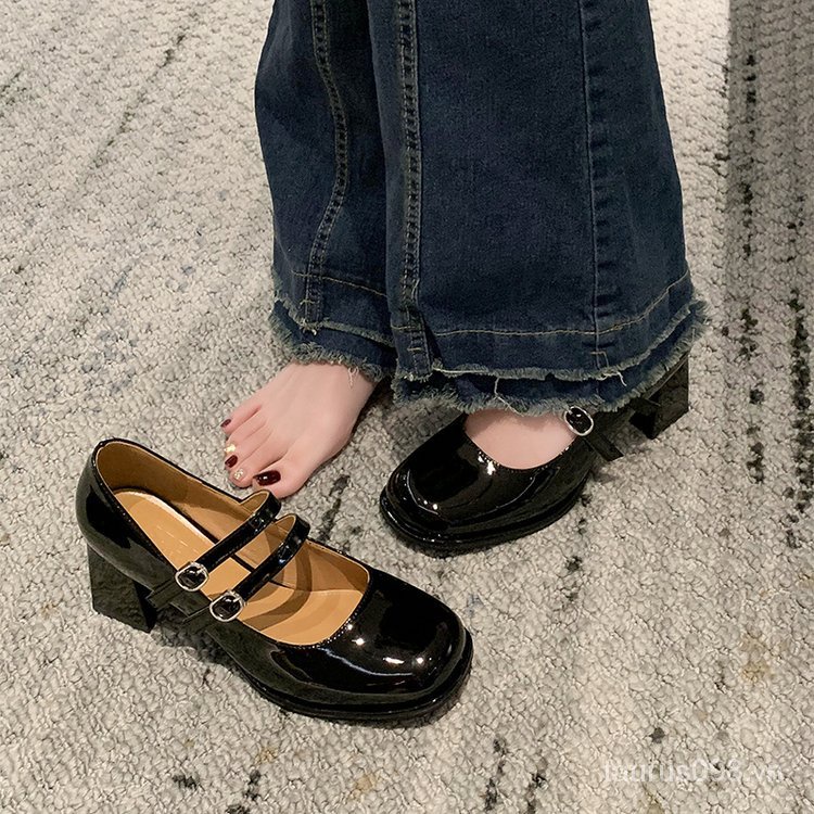Giày mary jane 2023 3-5cm Đế Thấp Mũi Vuông Chất Liệu Cao Su pu