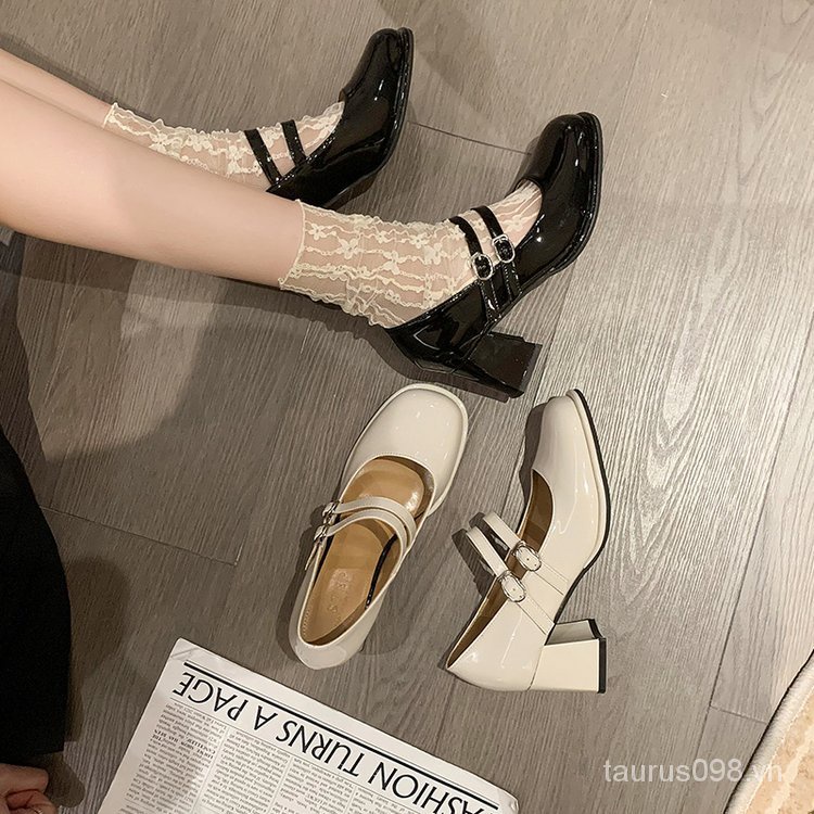 Giày mary jane 2023 3-5cm Đế Thấp Mũi Vuông Chất Liệu Cao Su pu