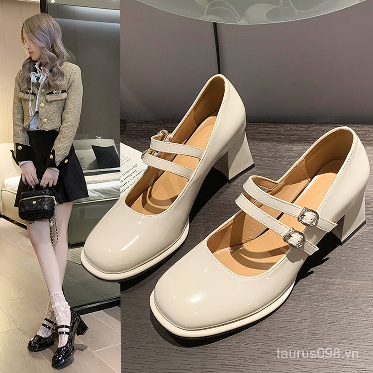 Giày mary jane 2023 3-5cm Đế Thấp Mũi Vuông Chất Liệu Cao Su pu
