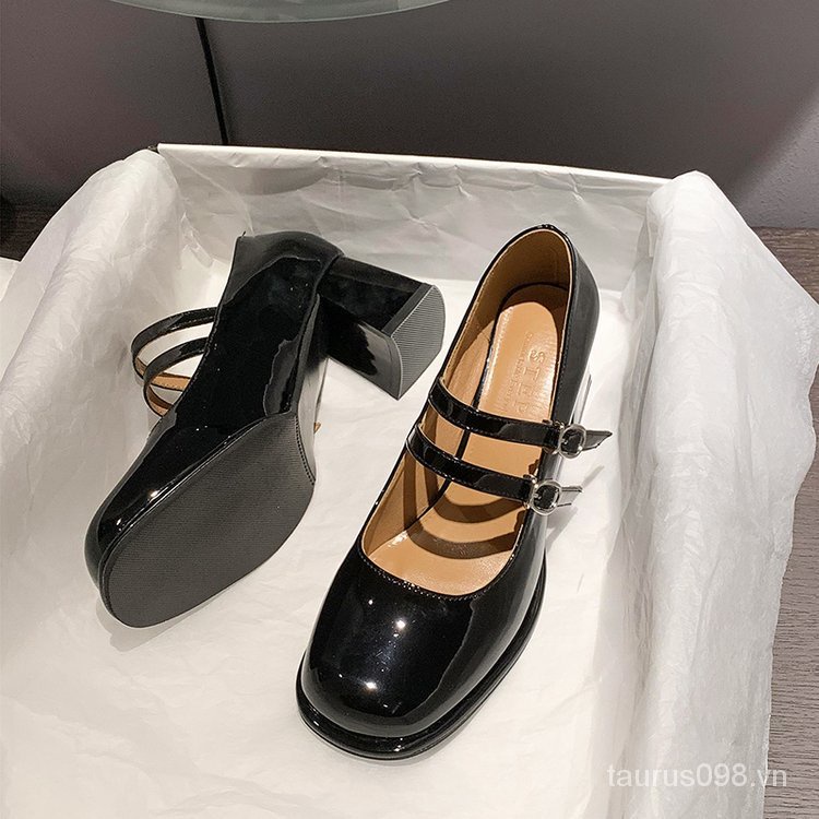 Giày mary jane 2023 3-5cm Đế Thấp Mũi Vuông Chất Liệu Cao Su pu