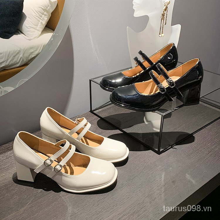 Giày mary jane 2023 3-5cm Đế Thấp Mũi Vuông Chất Liệu Cao Su pu