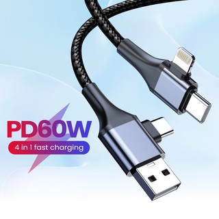 Dây cáp sạc usb 4 trong 1 pd 60w cho điện thoại di động / micro usb / type c / ip