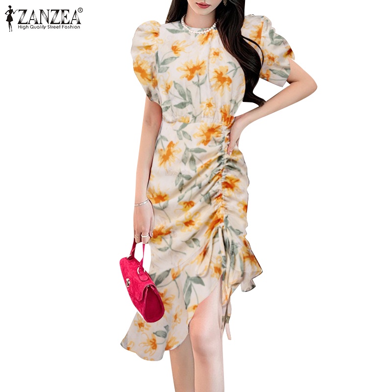 Zanzea Đầm Hoa Tay Ngắn Cổ Tròn Xếp Ly Thời Trang Hàn Quốc Xinh Xắn Cho Nữ