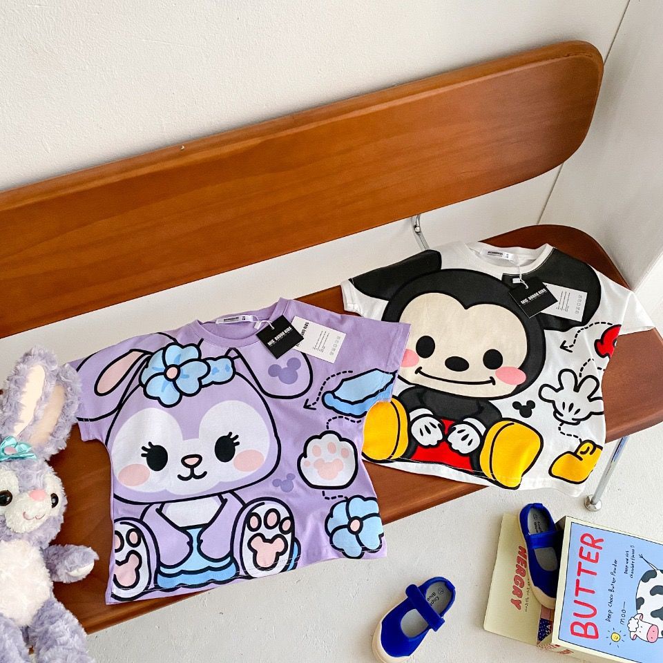 90-140cm Mùa hè Phong cách mới cho bé trai bé gái Áo ngắn tay Quần áo trẻ em Hoạt hình dễ thương Áo thun in họa tiết lớn dáng rộng hợp thời trang