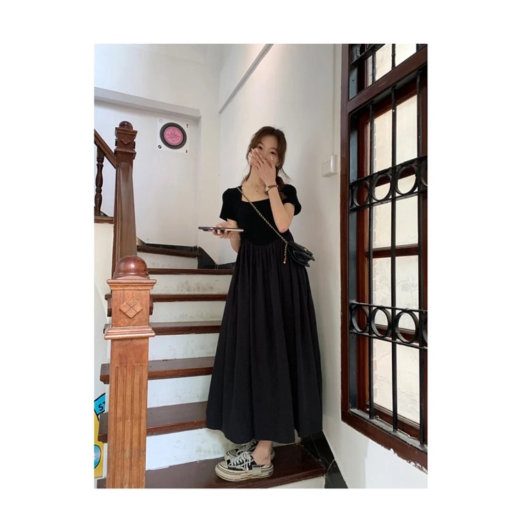 Đầm Chữ a Tay Ngắn Cổ Vuông Màu Trơn Đơn Giản Thời Trang Mùa Hè Phong Cách Hàn Quốc Cho Nữ