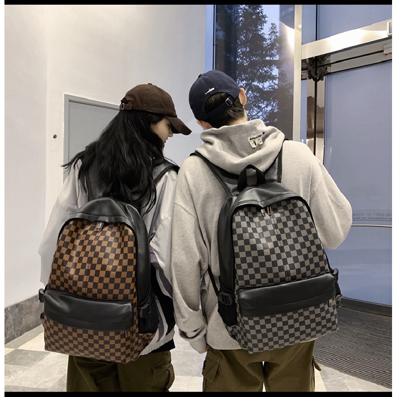 Ba Lô Da Họa Tiết Sọc Caro Phong Cách Âu Mỹ Thời Trang Đường Phố Cho Nam Và Nữ