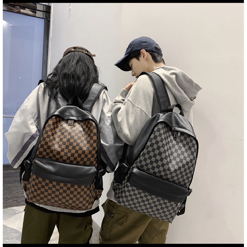 Ba Lô Da Họa Tiết Sọc Caro Phong Cách Âu Mỹ Thời Trang Đường Phố Cho Nam Và Nữ