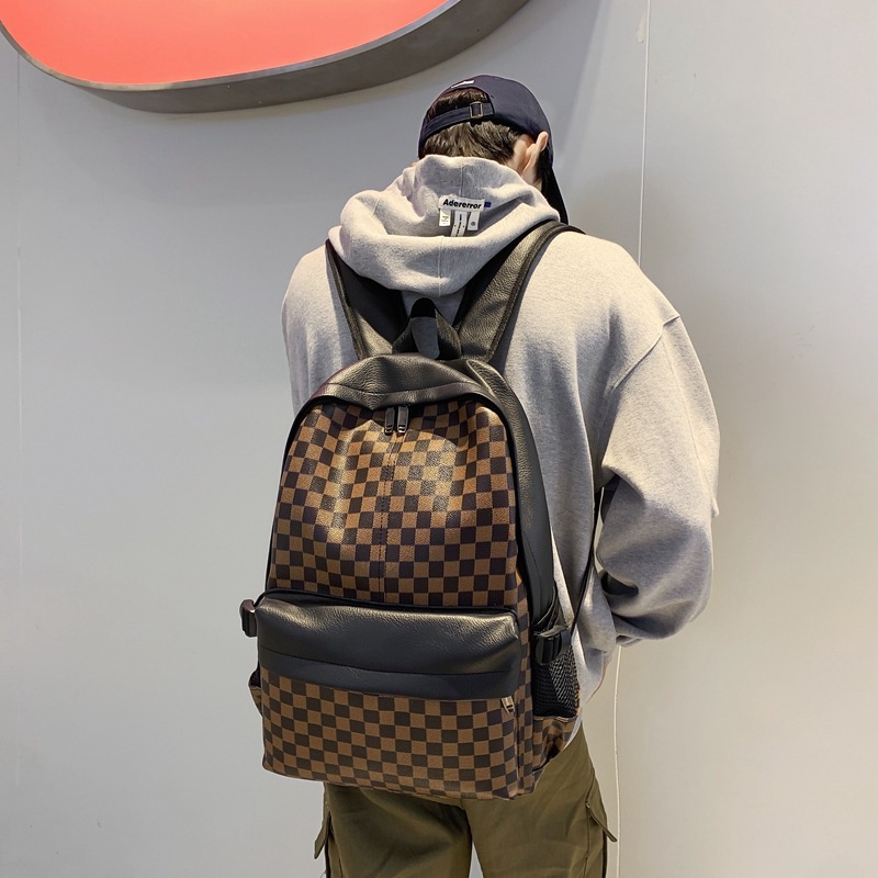 Ba Lô Da Họa Tiết Sọc Caro Phong Cách Âu Mỹ Thời Trang Đường Phố Cho Nam Và Nữ