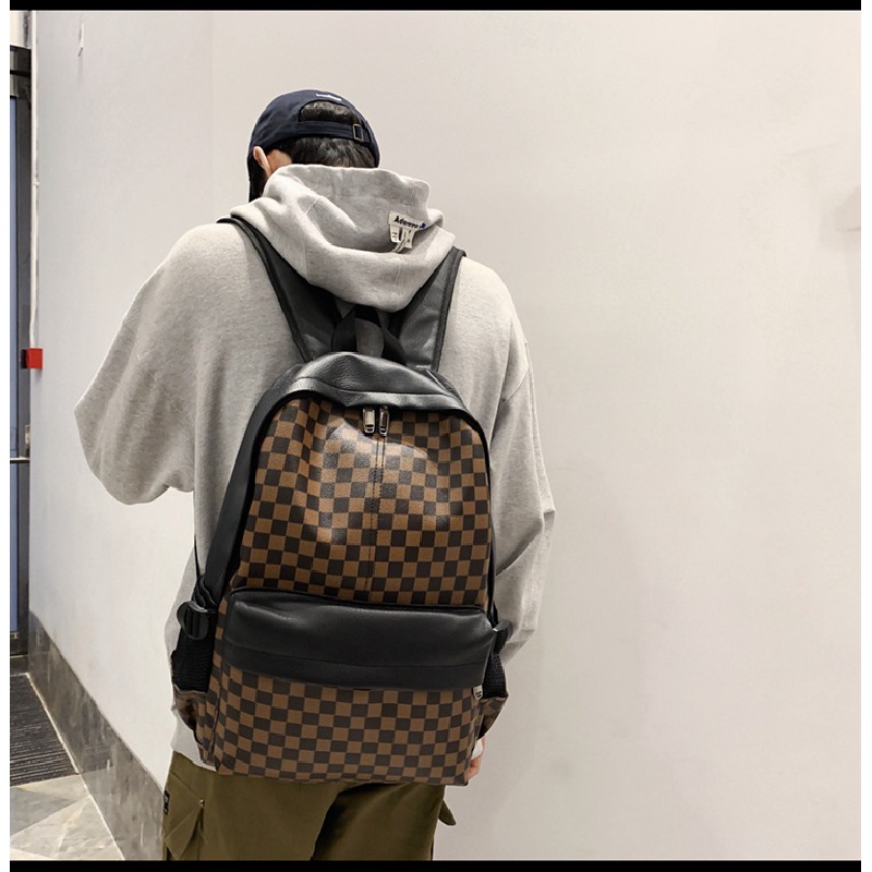 Ba Lô Da Họa Tiết Sọc Caro Phong Cách Âu Mỹ Thời Trang Đường Phố Cho Nam Và Nữ