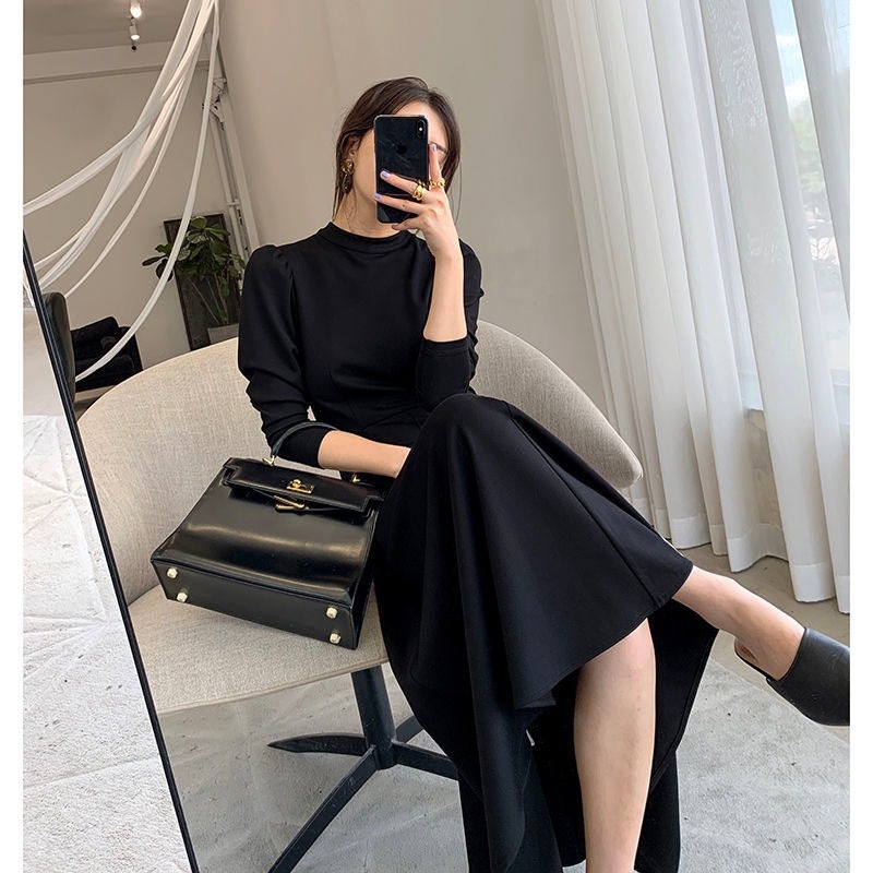 IELGY Đầm Dài Màu Đen Cao Cấp Phong Cách Thời Trang Pháp Dành Cho Nữ