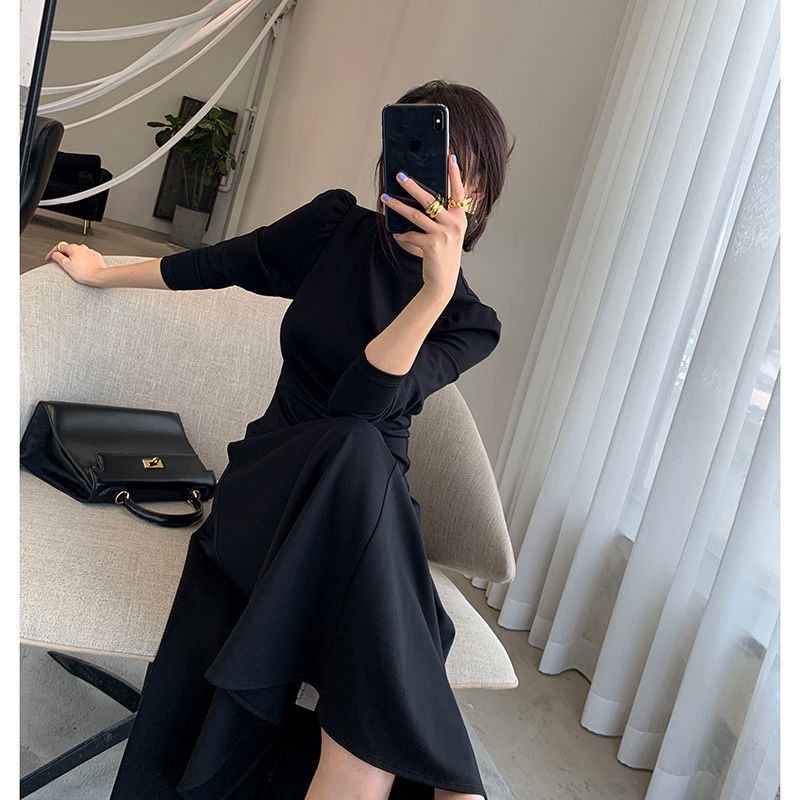 IELGY Đầm Dài Màu Đen Cao Cấp Phong Cách Thời Trang Pháp Dành Cho Nữ