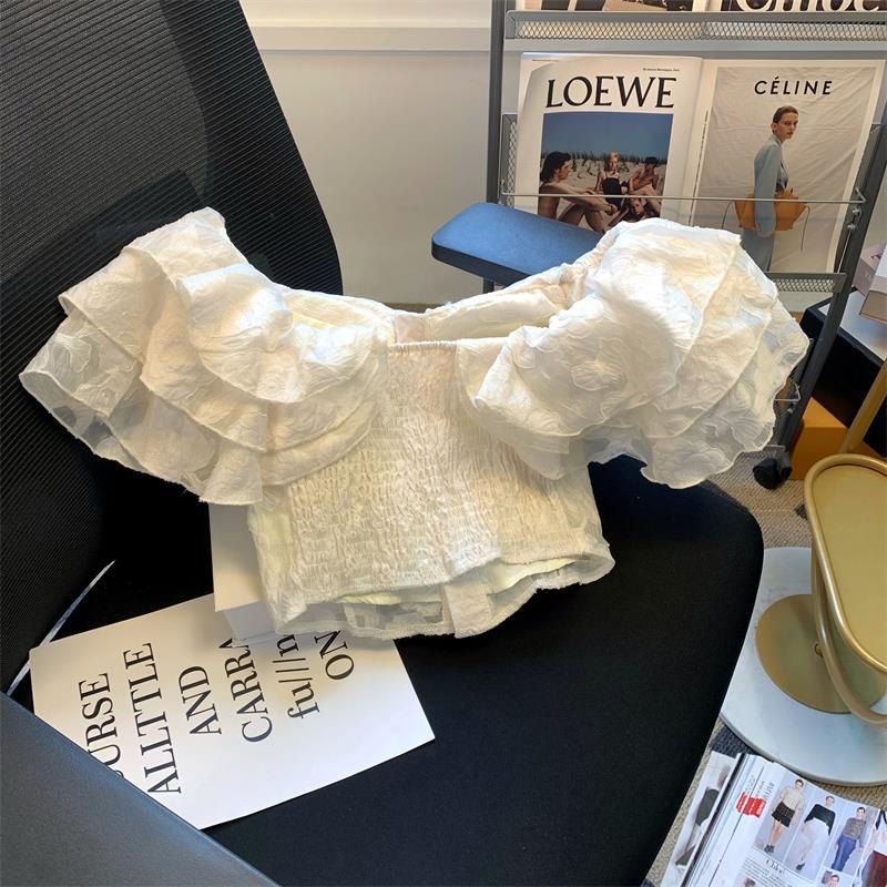 Áo Sơ Mi Ngắn Ôm Ngực Tay Áo Cánh Tiên In Hoa Nhún Bèo Kiểu Nhật Bản Ngọt Ngào Thời Trang Mùa Hè Dành Cho Bạn Nữ