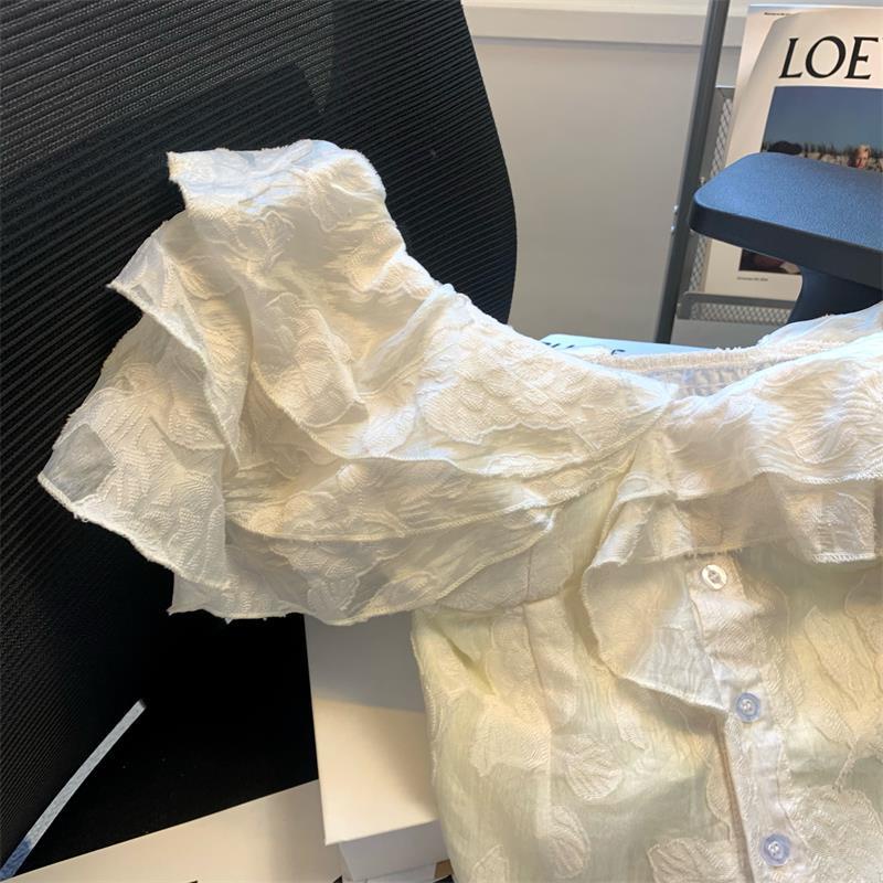 Áo Sơ Mi Ngắn Ôm Ngực Tay Áo Cánh Tiên In Hoa Nhún Bèo Kiểu Nhật Bản Ngọt Ngào Thời Trang Mùa Hè Dành Cho Bạn Nữ