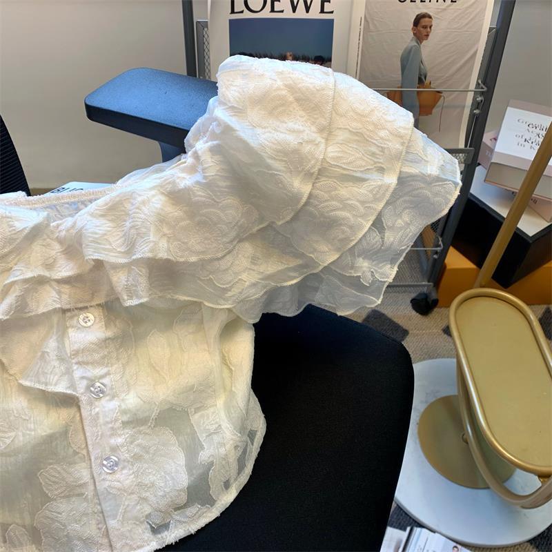 Áo Sơ Mi Ngắn Ôm Ngực Tay Áo Cánh Tiên In Hoa Nhún Bèo Kiểu Nhật Bản Ngọt Ngào Thời Trang Mùa Hè Dành Cho Bạn Nữ