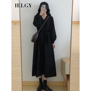 Váy dài tay màu đen nhung mềm mại phong cách Pháp IELGY dành cho nữ