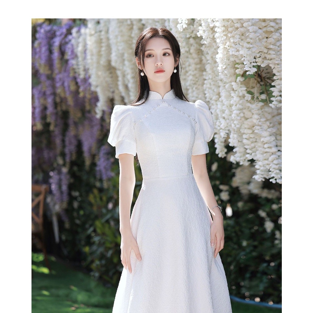 Đứng Sườn Xám Ngắn Tay Phong Cách Pháp Thanh Lịch Cho Nữ