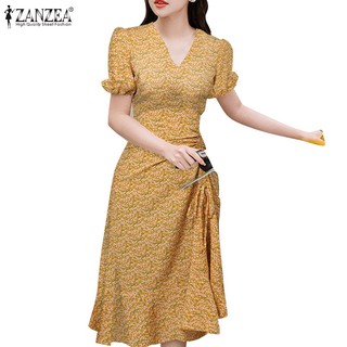 Zanzea đầm đuôi cá tay ngắn phồng cổ chữ v thời trang nữ