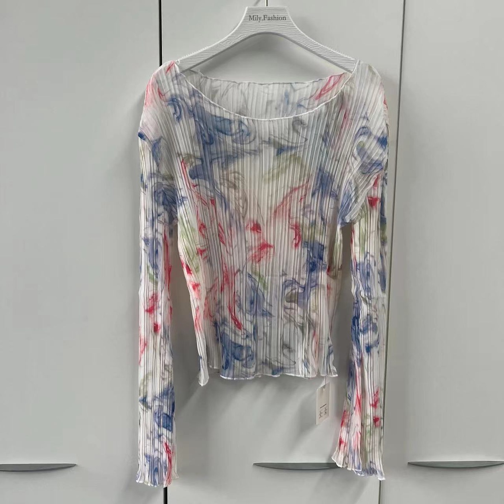 Áo Sơ Mi Chiffon Dài Tay Xếp Ly Thiết Kế In Màu Nhuộm Phong Cách Retro Mùa Hè Nhẹ Nhàng Hàng Mới Dành Cho Bạn Nữ